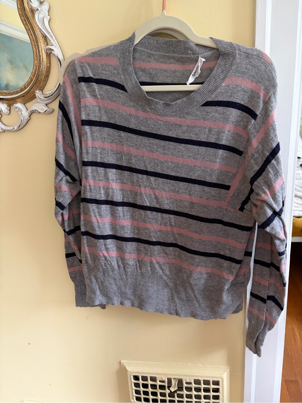 Splendid Gray Sweater with Pink & Navy Stripes